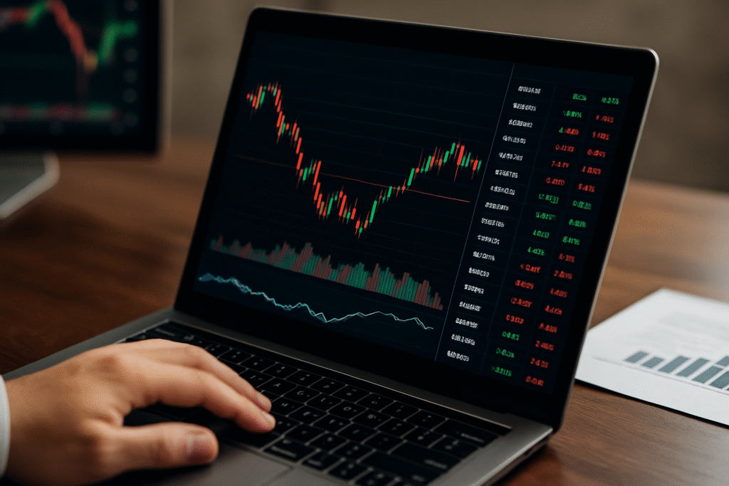 pessoa operando no forex, mercado de cambio de moedas, com monitor e gráficos