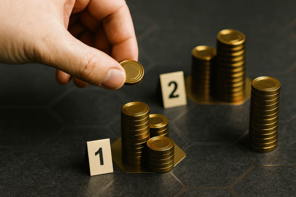 Mão posicionando uma moeda dourada sobre uma pilha numerada como “1”, ao lado de outras pilhas numeradas “2”, em superfície com padrão hexagonal.