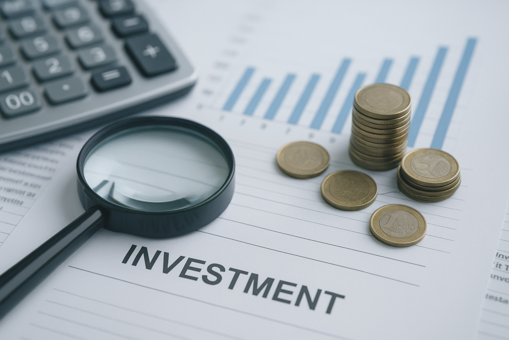 imagem que representa fundo de investimentos, com calculadora, moedas, gráfico, lupa e a palavra "investiment" escrita